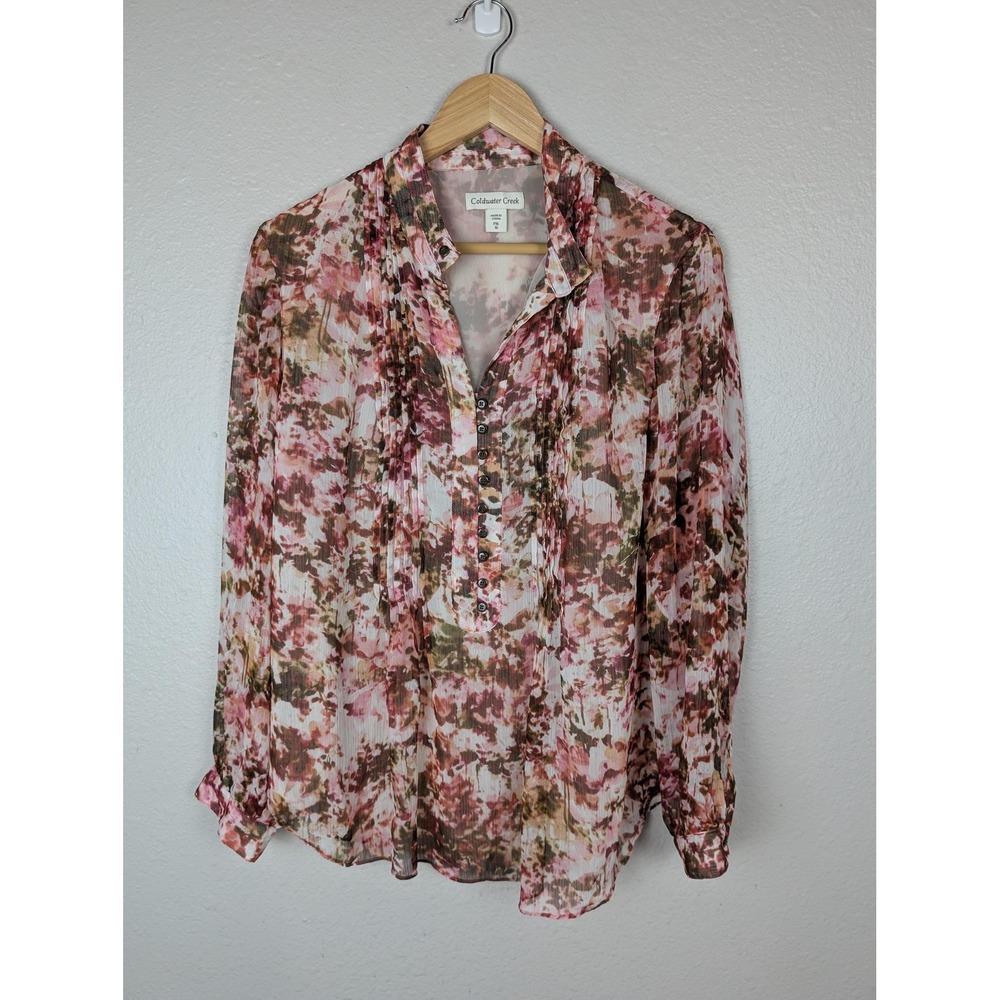 Coldwater Creek Blouse Womens PXL 16 Pink Floral Sheer Lined Long Sleeve‎ Top